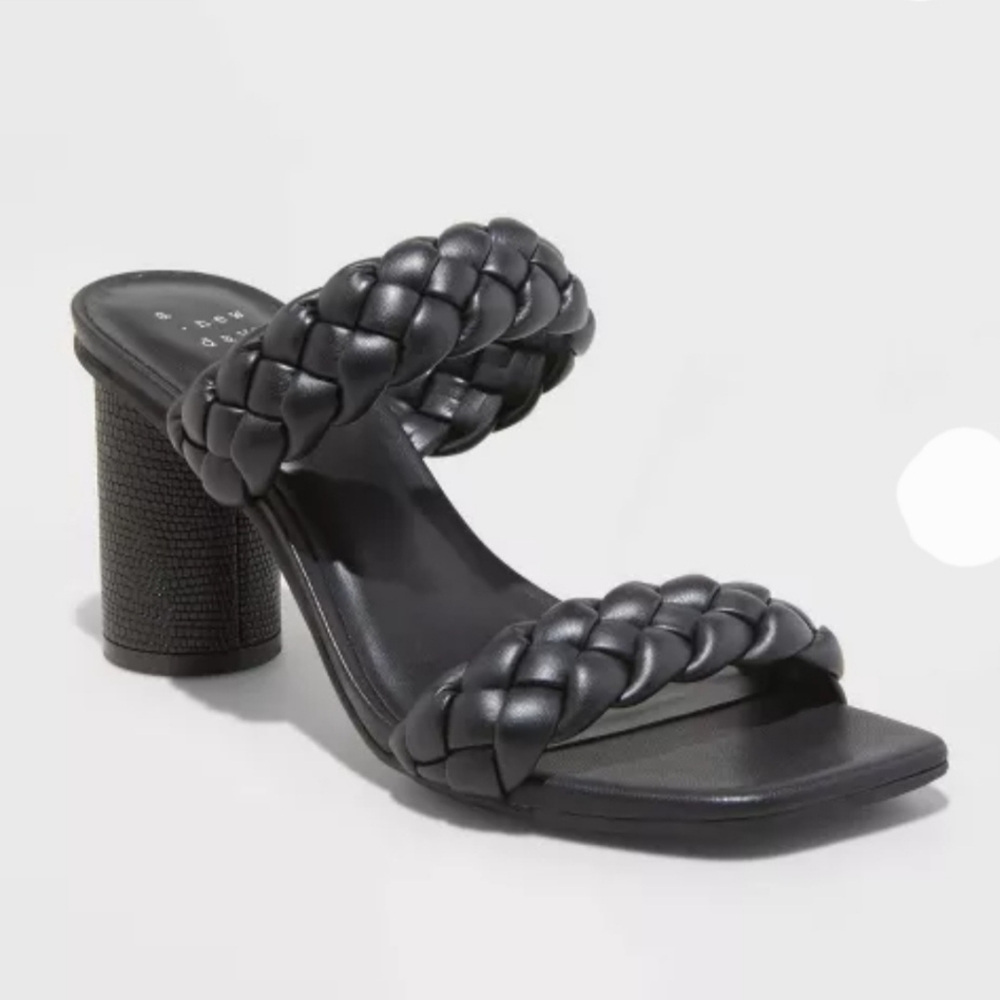 a.new day Women's Black Slip On Basil Heels Size 8 Woven Straps - Picture 2 of 12